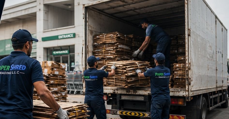 Paper Shred team collecting cardboard outside a supermarket entrance