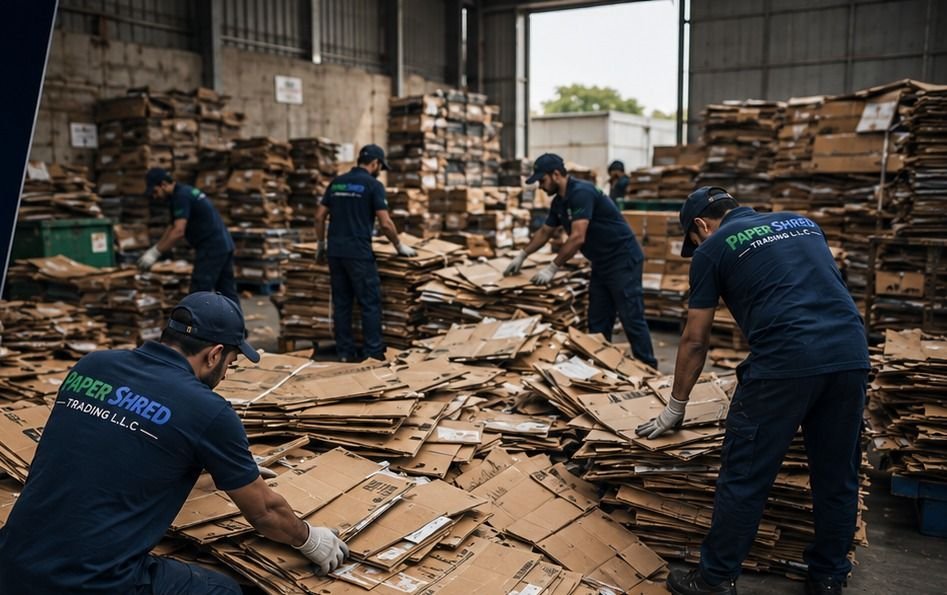 Workers manually segregating cardboard on the warehouse floor