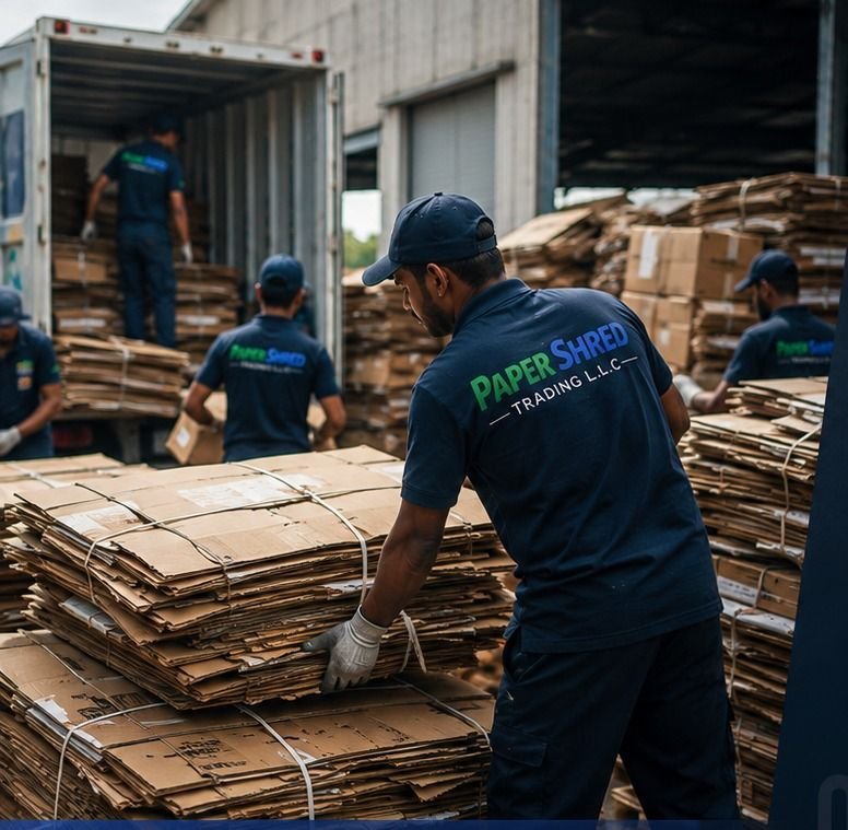 Paper Shred Trading workers loading bundled cardboard into a delivery truck